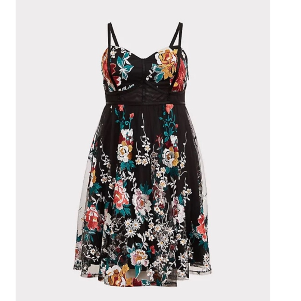 TORRID SPECIAL OCCASION BLACK FLORAL EMBROIDERED MESH DRESS